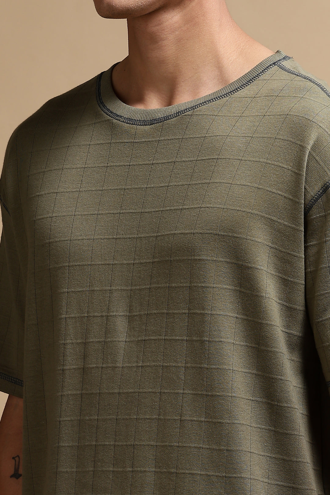 Textured Fabric Olive Oversized T- Shirt