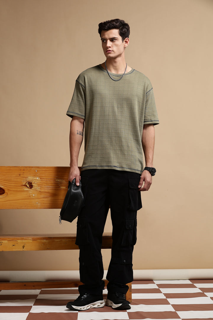 Textured Fabric Olive Oversized T- Shirt