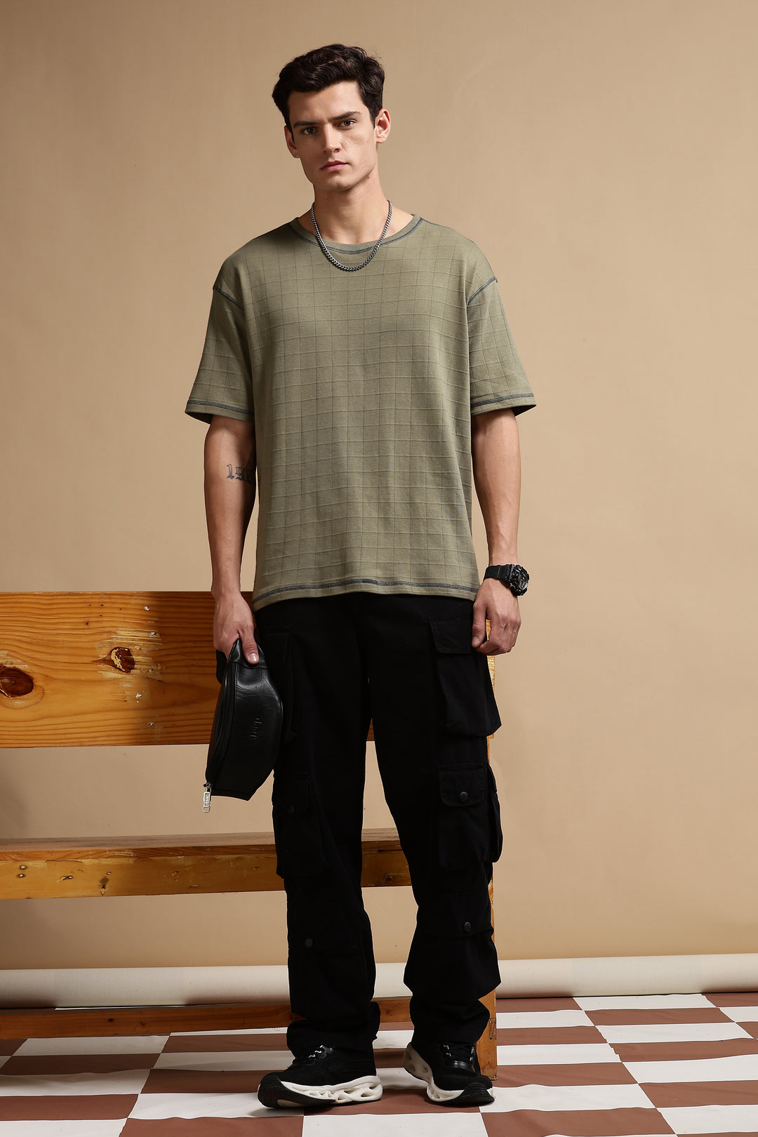 Textured Fabric Olive Oversized T- Shirt
