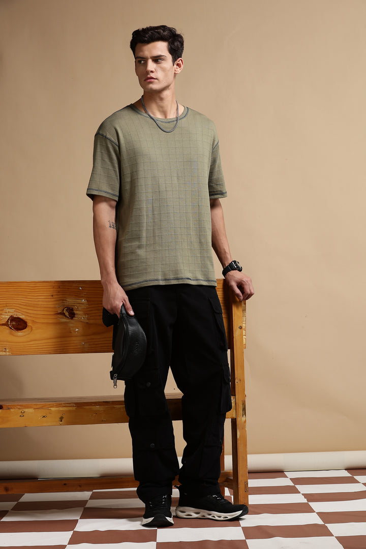 Textured Fabric Olive Oversized T- Shirt