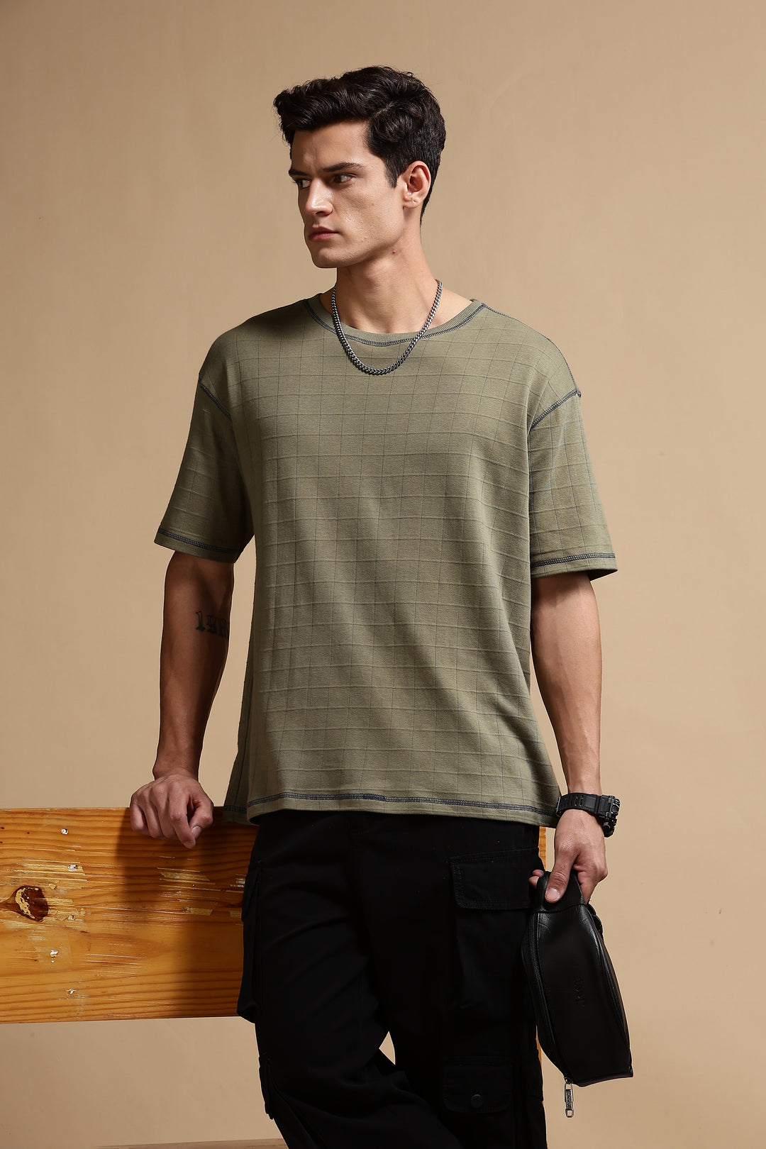 Textured Fabric Olive Oversized T- Shirt