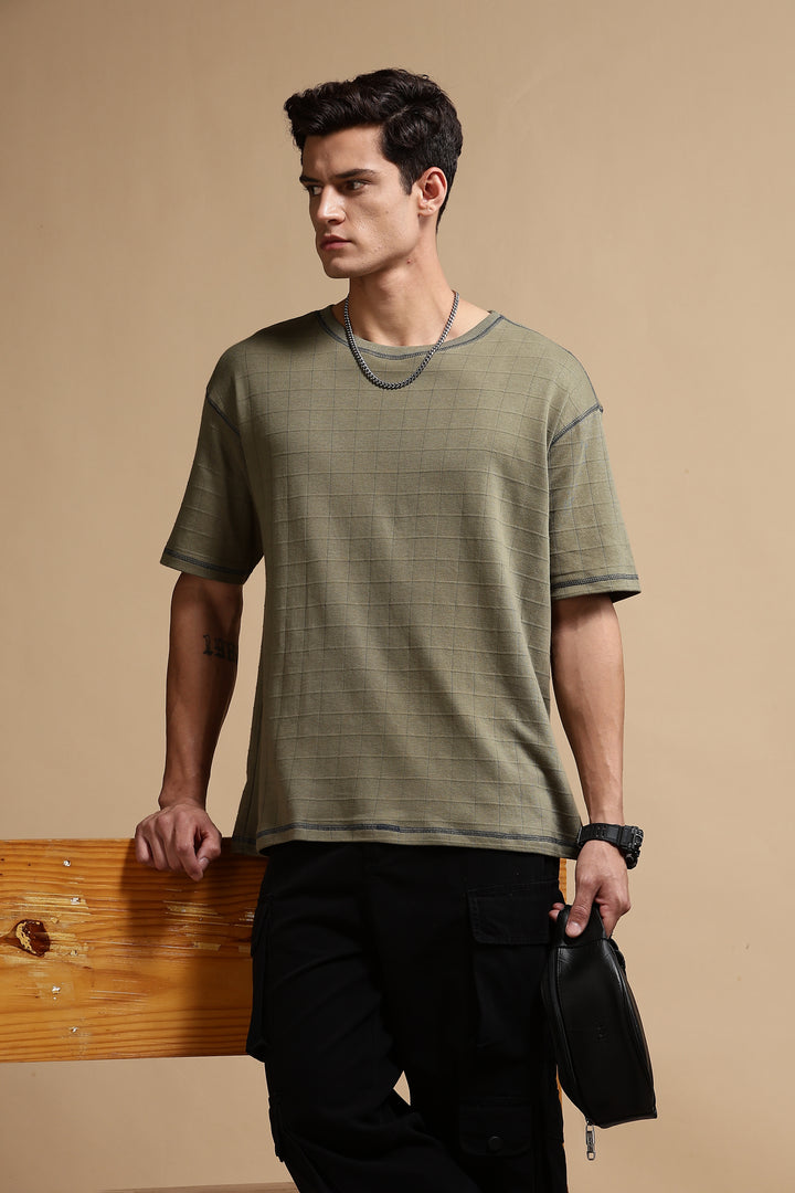 Textured Fabric Olive Oversized T- Shirt