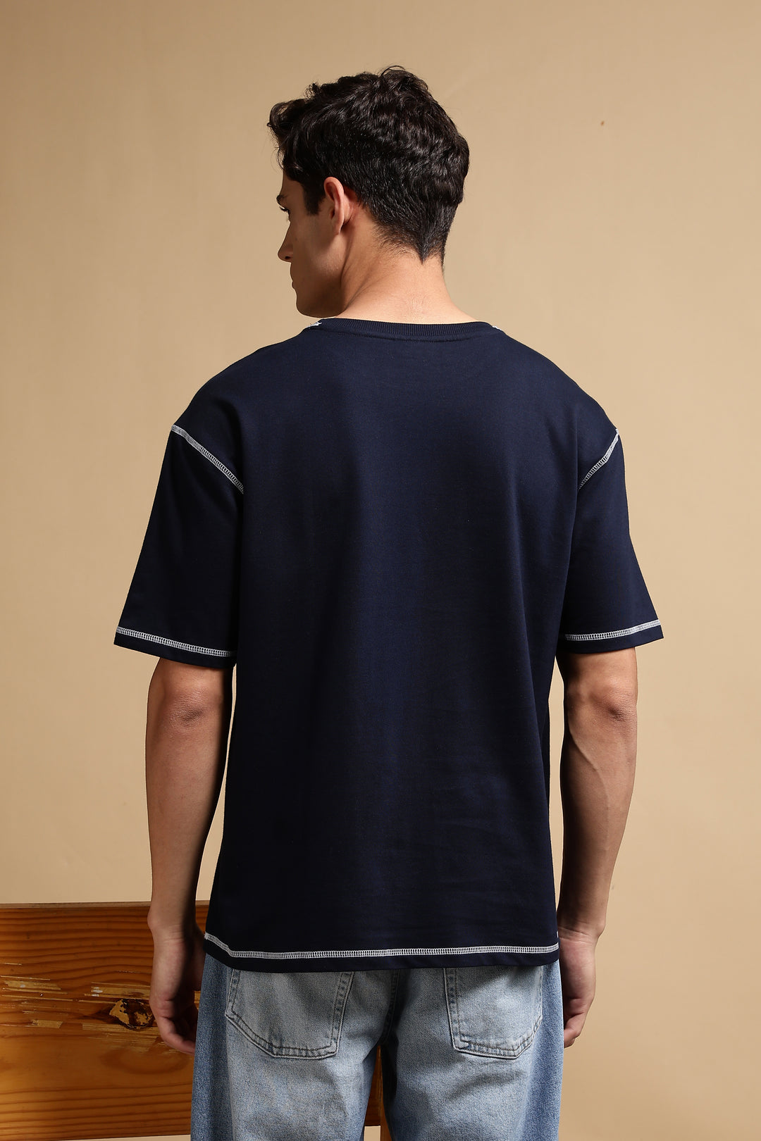 Contrast Stitch Navy Oversized T-Shirt