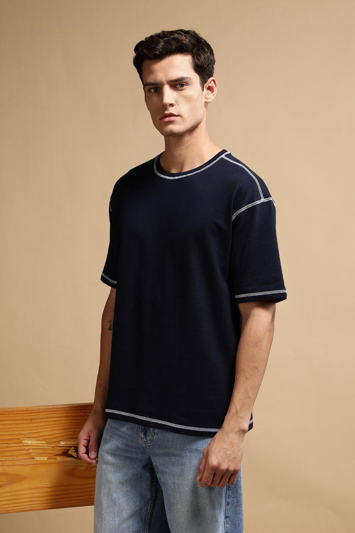 Contrast Stitch Navy Oversized T-Shirt