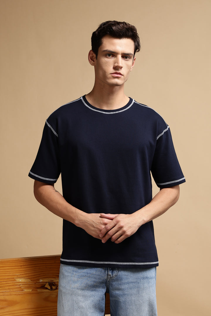 Contrast Stitch Navy Oversized T-Shirt
