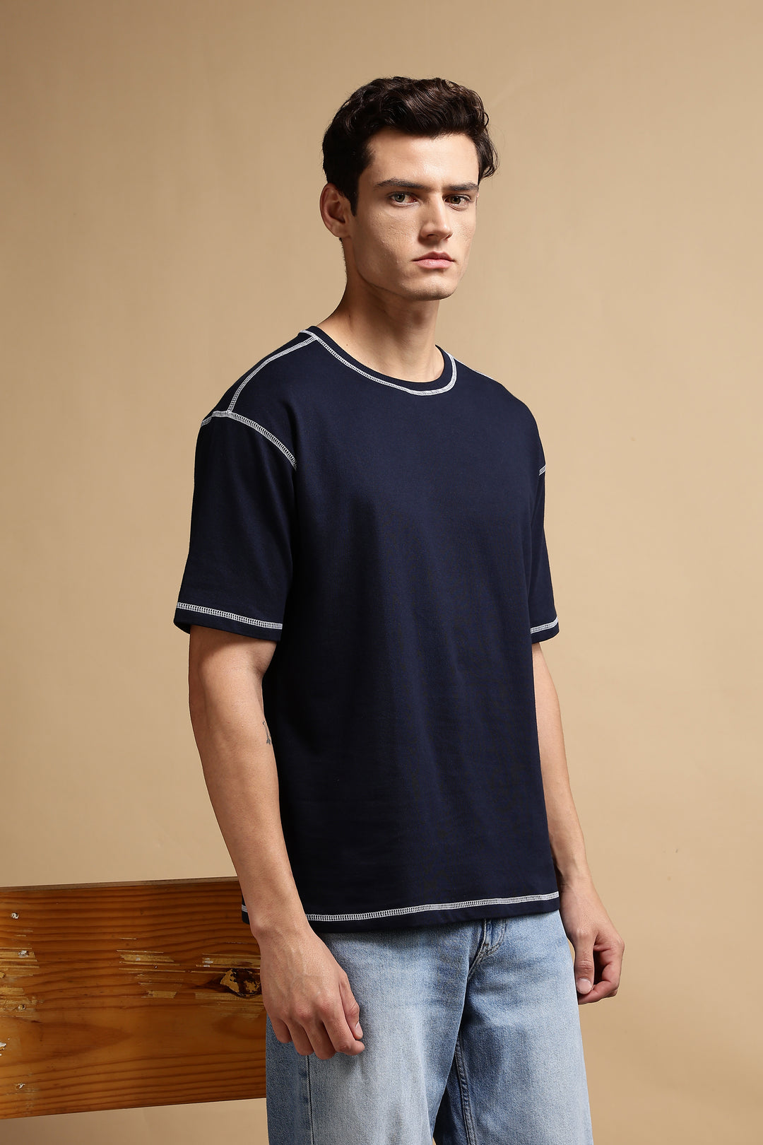 Contrast Stitch Navy Oversized T-Shirt