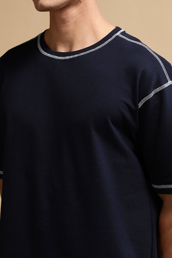 Contrast Stitch Navy Oversized T-Shirt