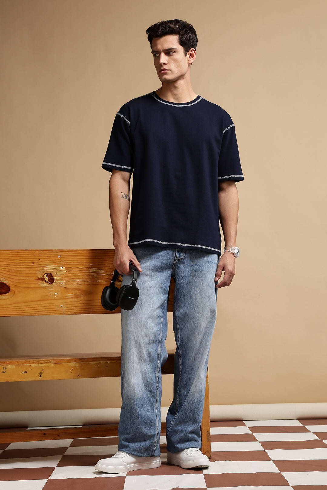 Contrast Stitch Navy Oversized T-Shirt