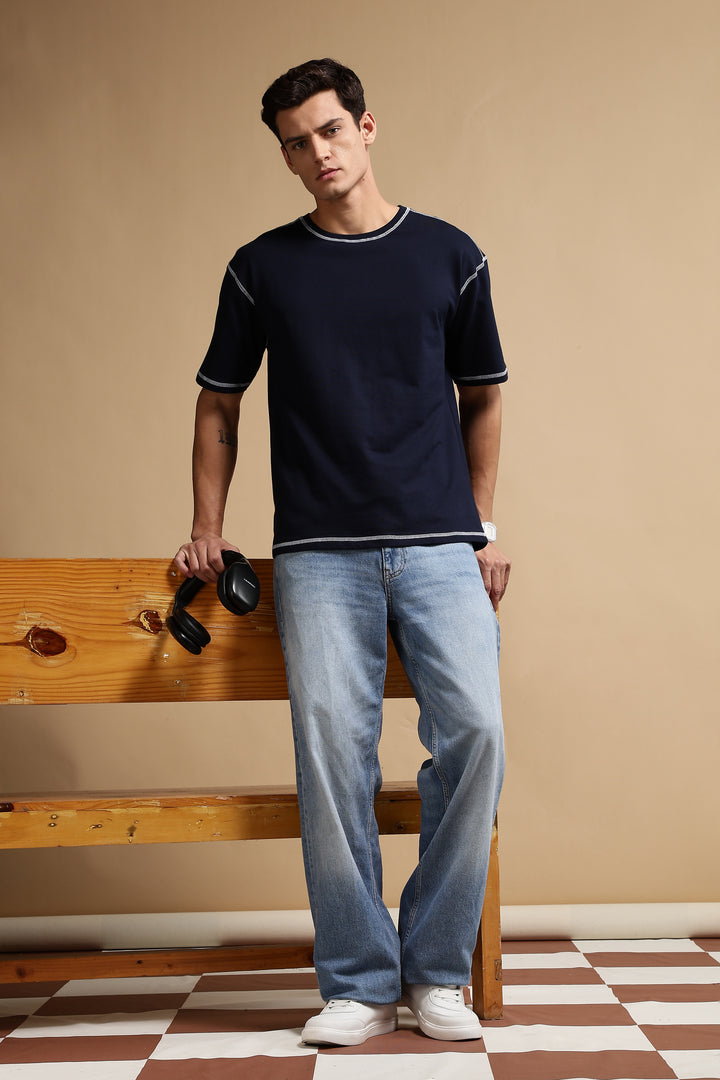 Contrast Stitch Navy Oversized T-Shirt
