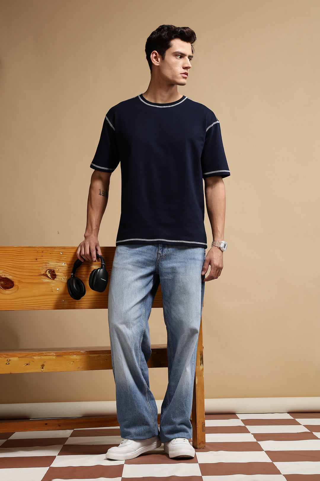 Contrast Stitch Navy Oversized T-Shirt