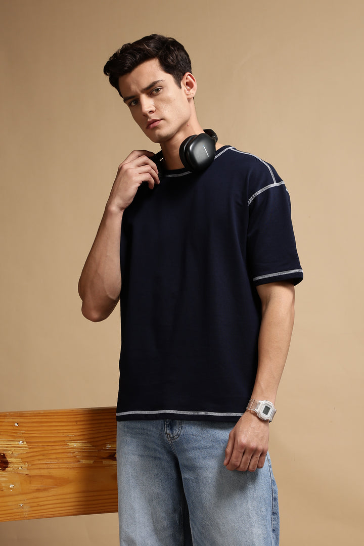 Contrast Stitch Navy Oversized T-Shirt