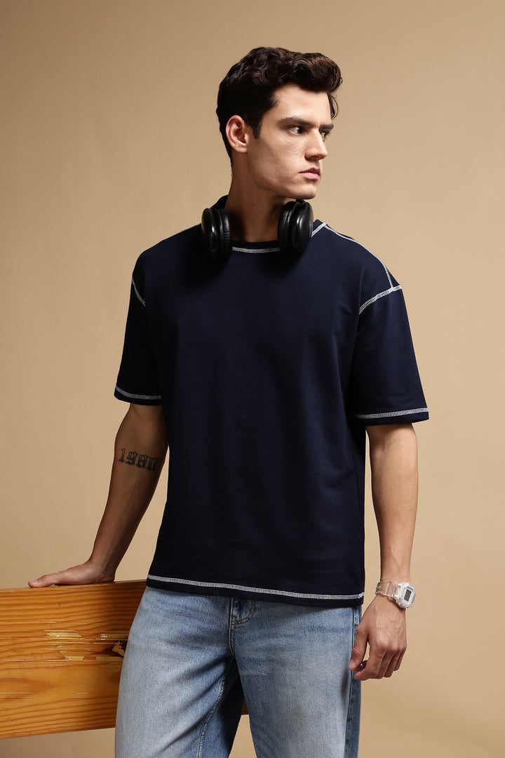Contrast Stitch Navy Oversized T-Shirt
