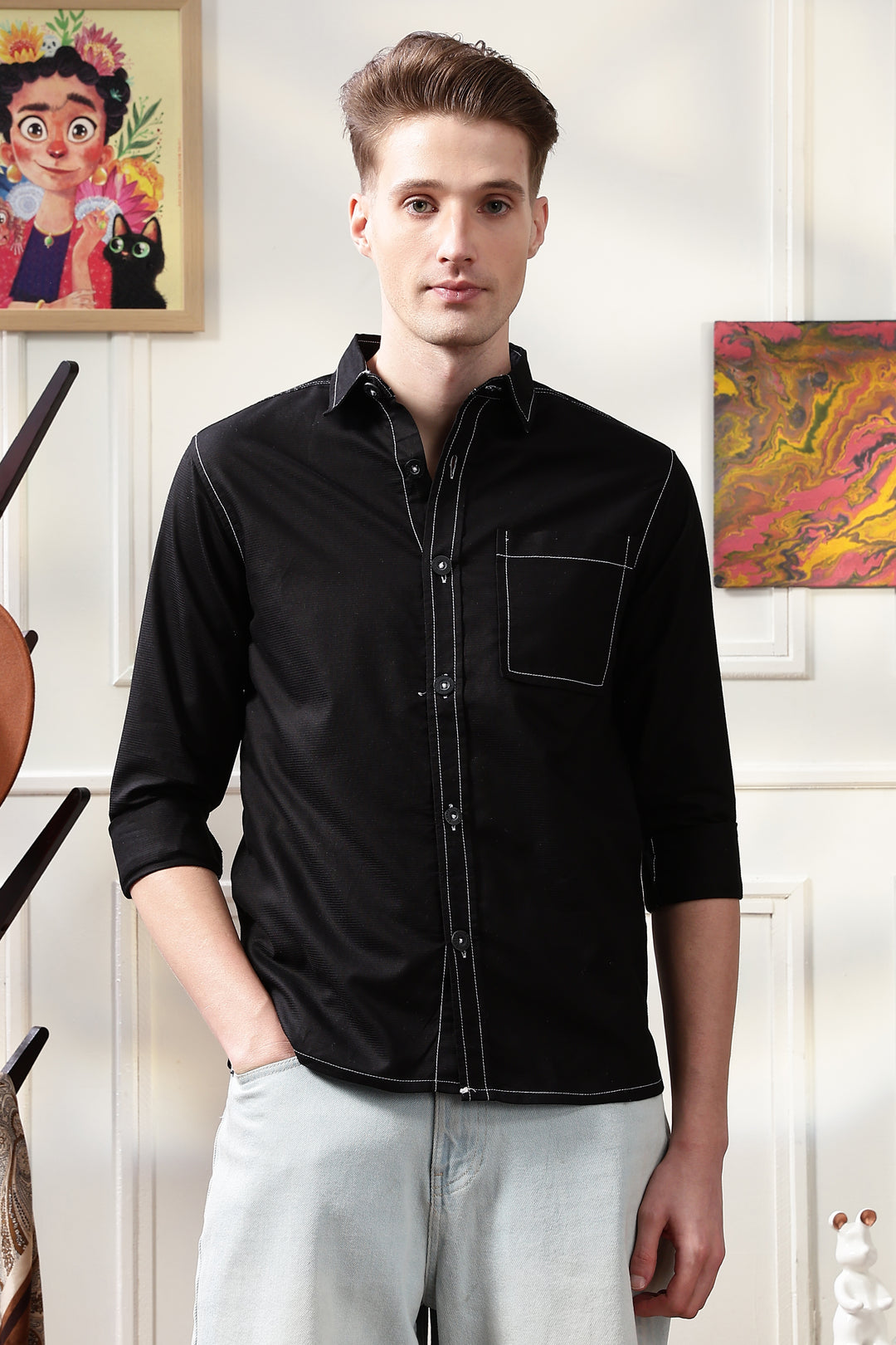Contrast Stitch Overshirt Black