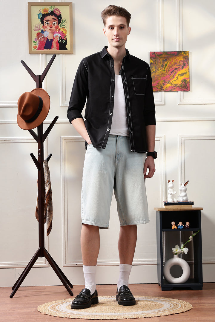 Contrast Stitch Overshirt Black