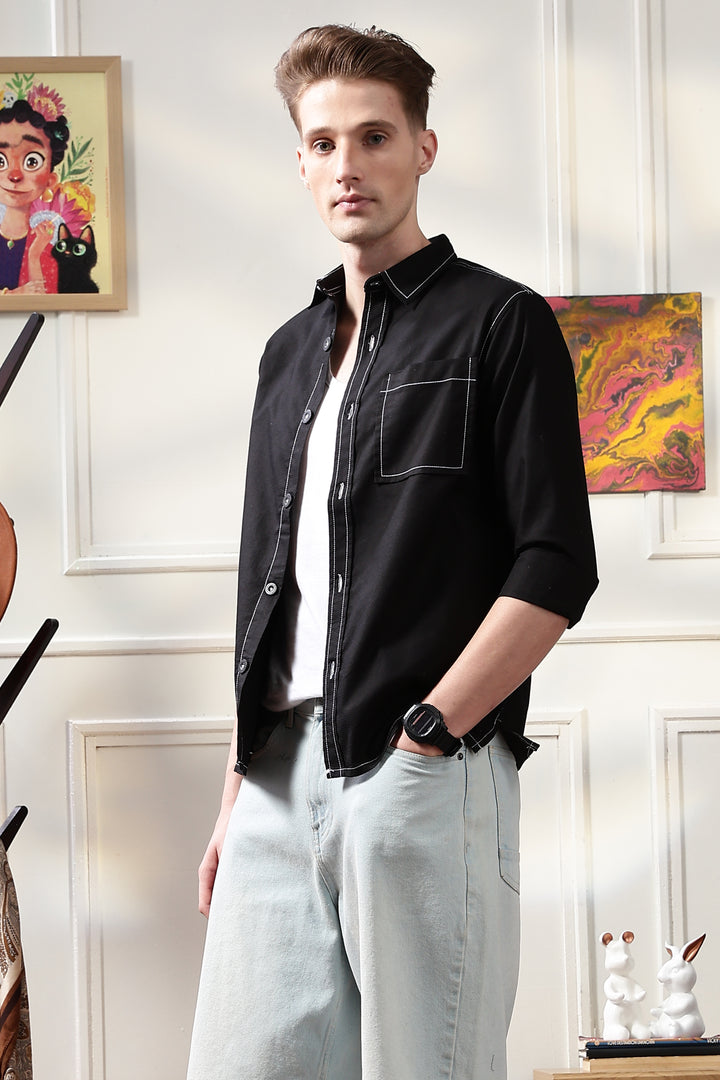 Contrast Stitch Overshirt Black