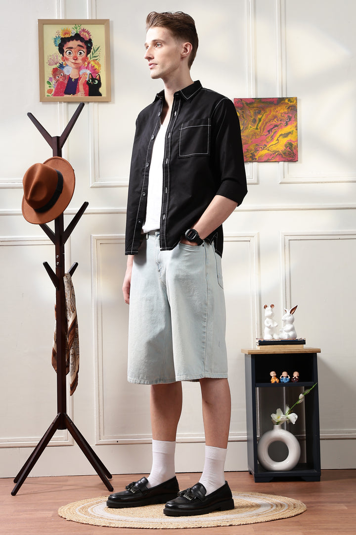 Contrast Stitch Overshirt Black