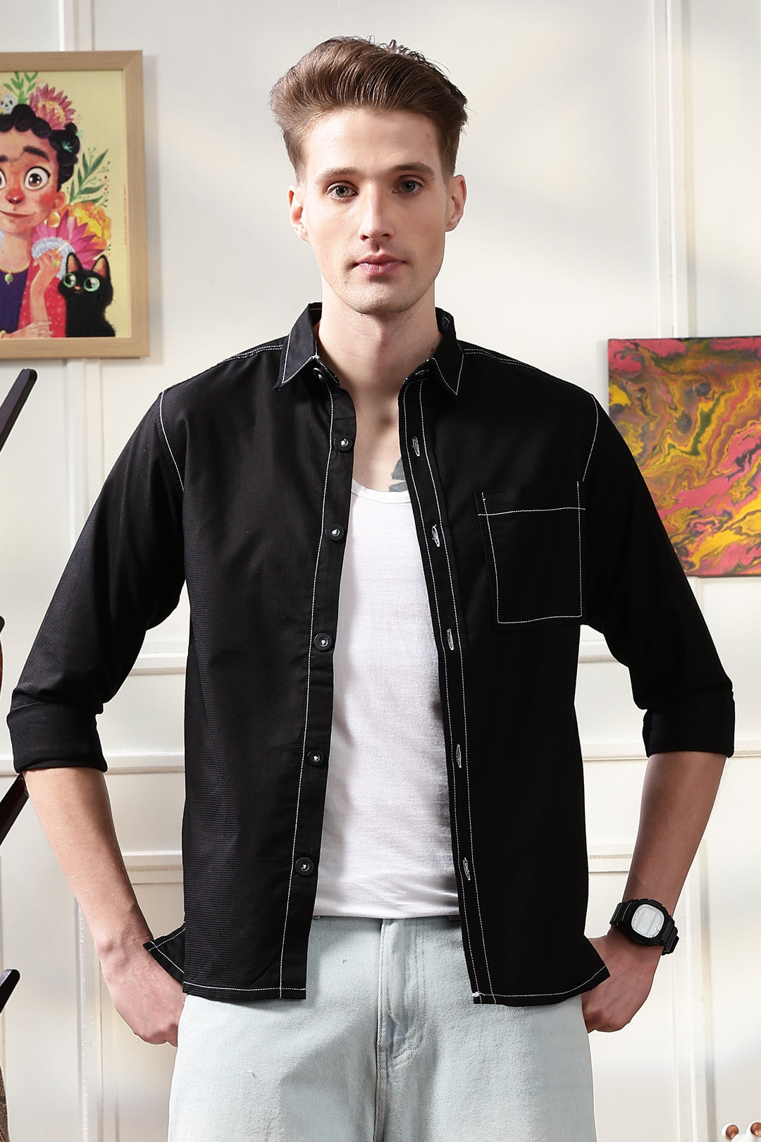 Contrast Stitch Overshirt Black