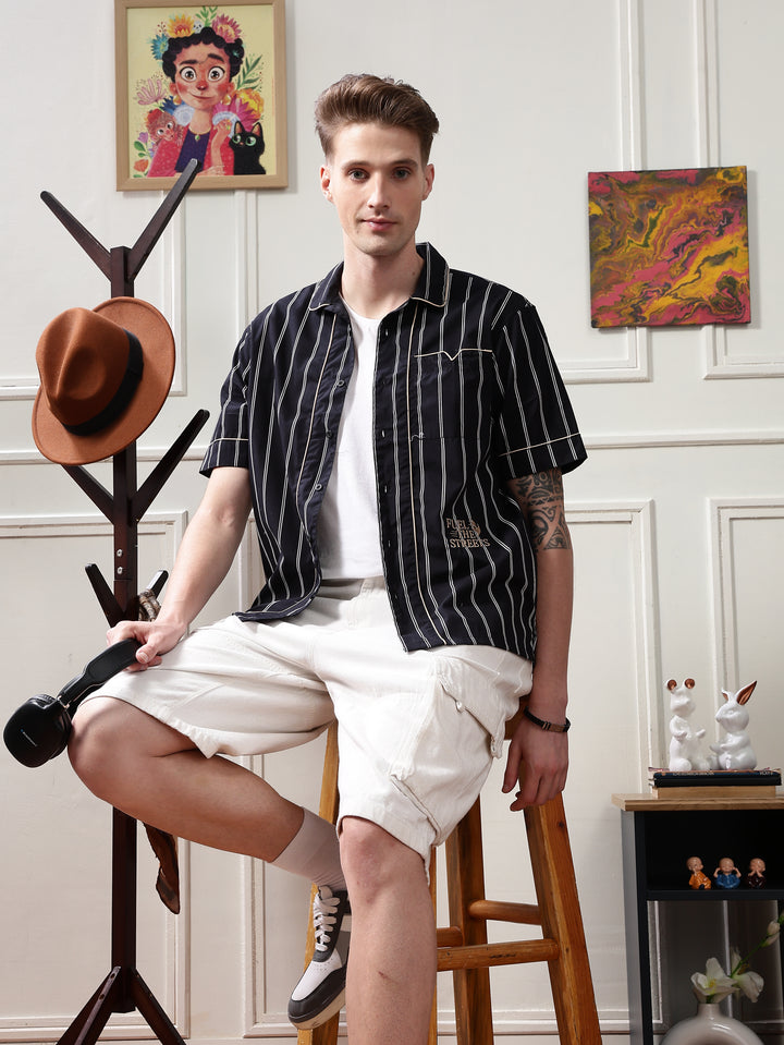 Black Stripes: Speed Embroidery Oversized Shirt
