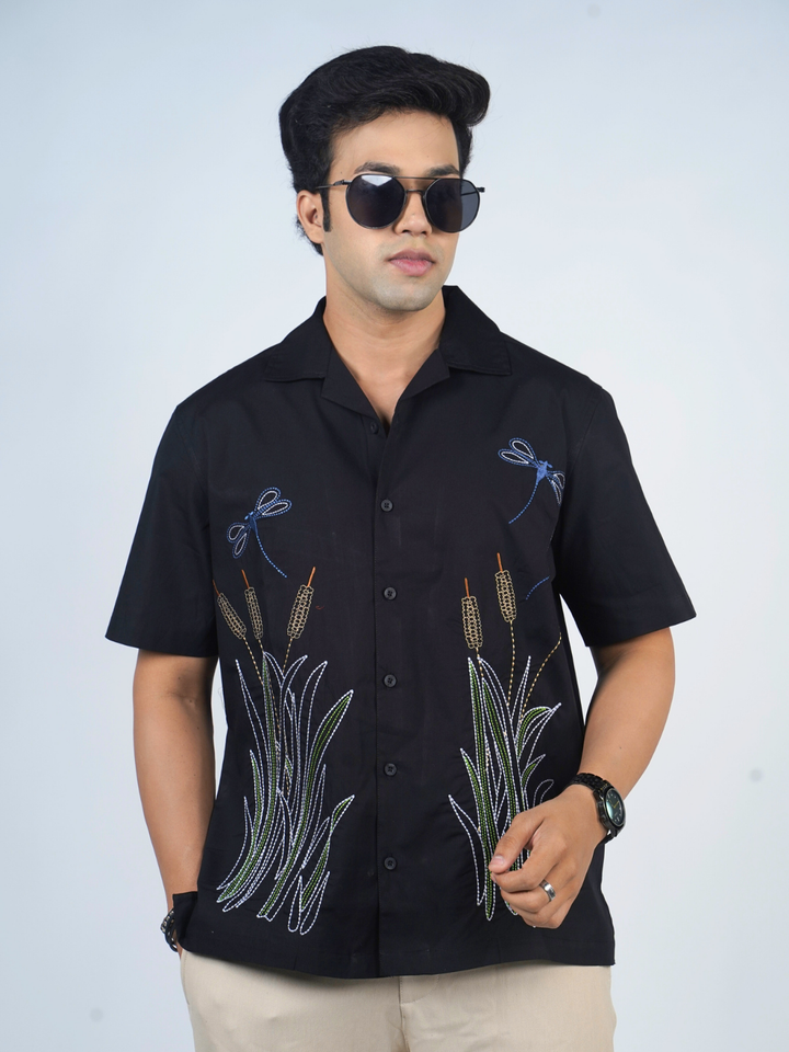 Wheat Berry Embroidery Cuban Shirt001