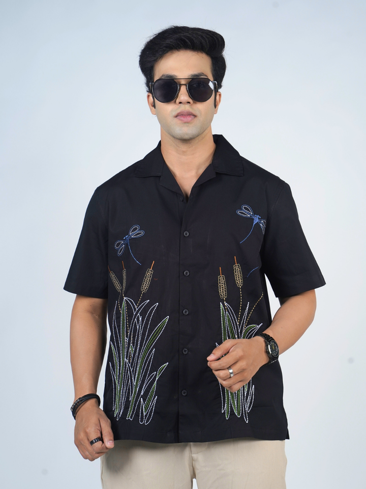 Wheat Berry Embroidery Cuban Shirt003