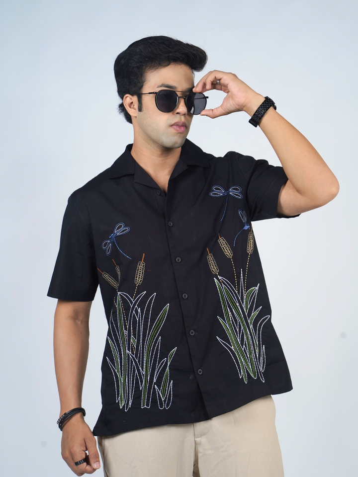 Wheat Berry Embroidery Cuban Shirt004