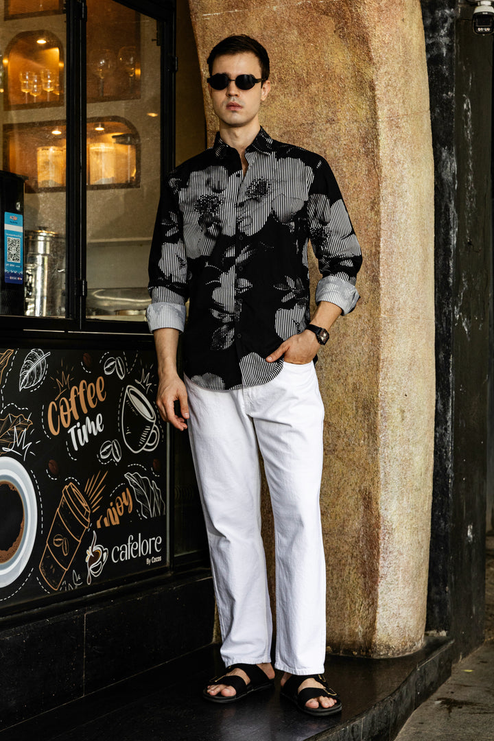 Black Floral Stripes Shirt