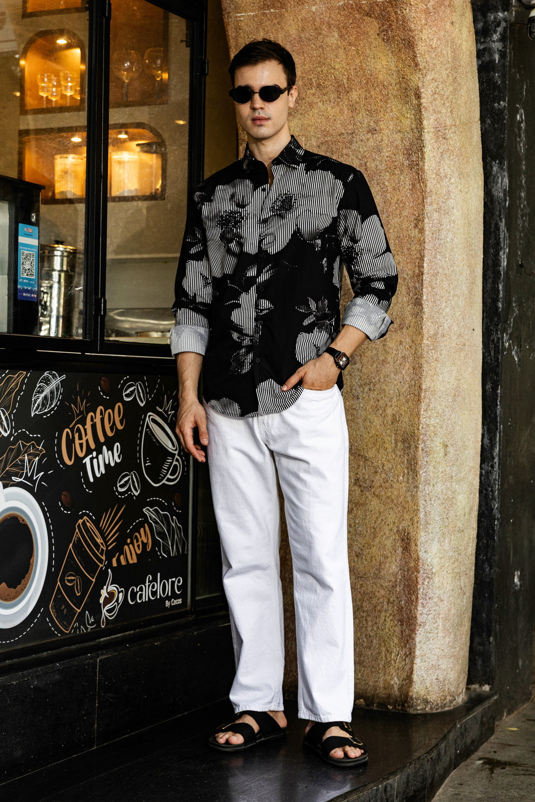 Black Floral Stripes Shirt