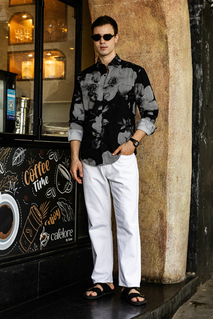 Black Floral Stripes Shirt