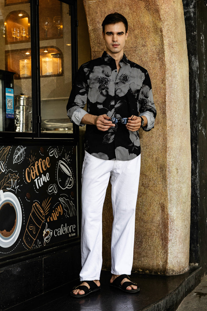 Black Floral Stripes Shirt
