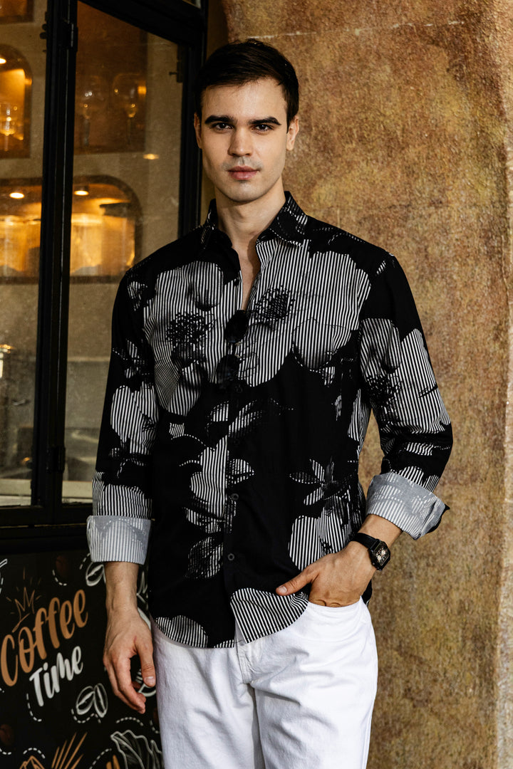 Black Floral Stripes Shirt