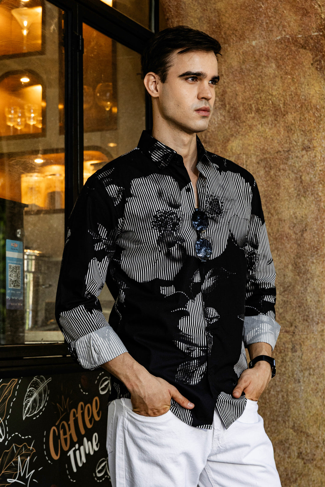 Black Floral Stripes Shirt