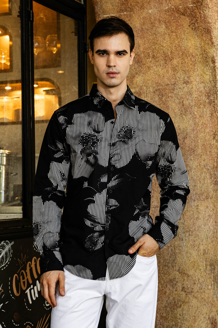 Black Floral Stripes Shirt