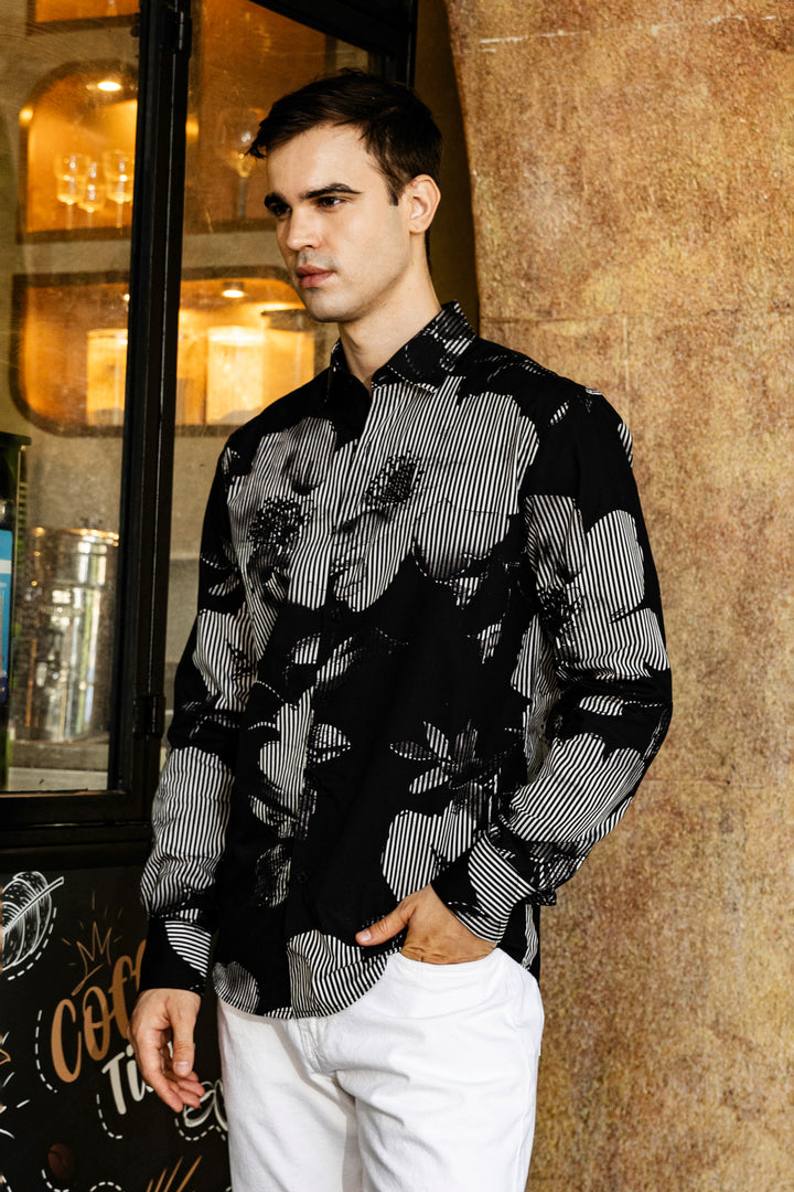 Black Floral Stripes Shirt