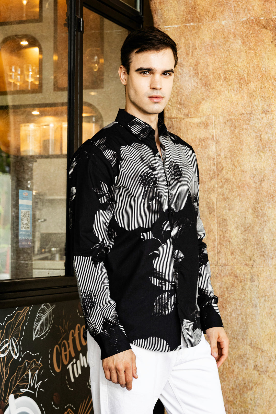 Black Floral Stripes Shirt