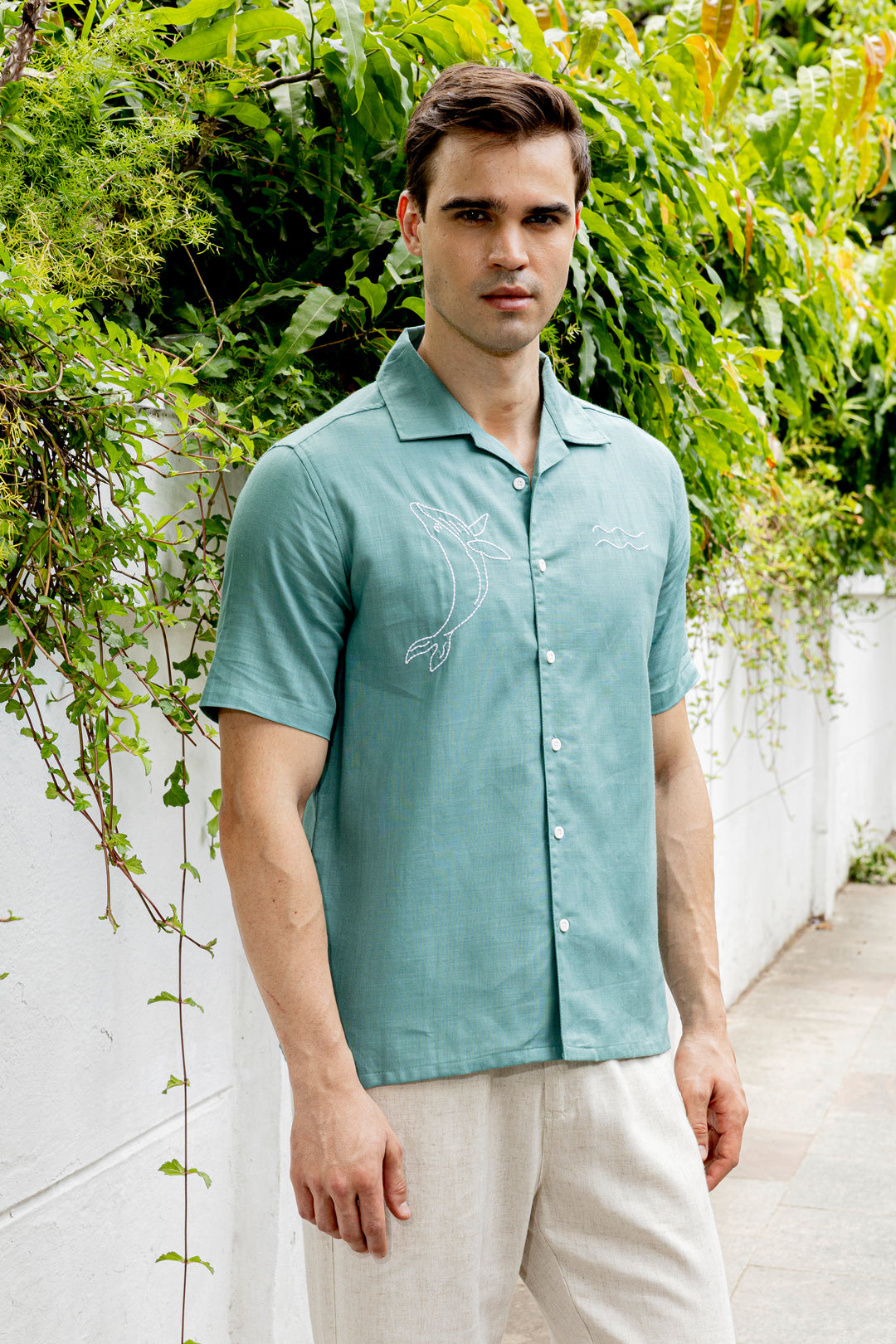 Whale Embroidery : Sea Green Oversized Shirt
