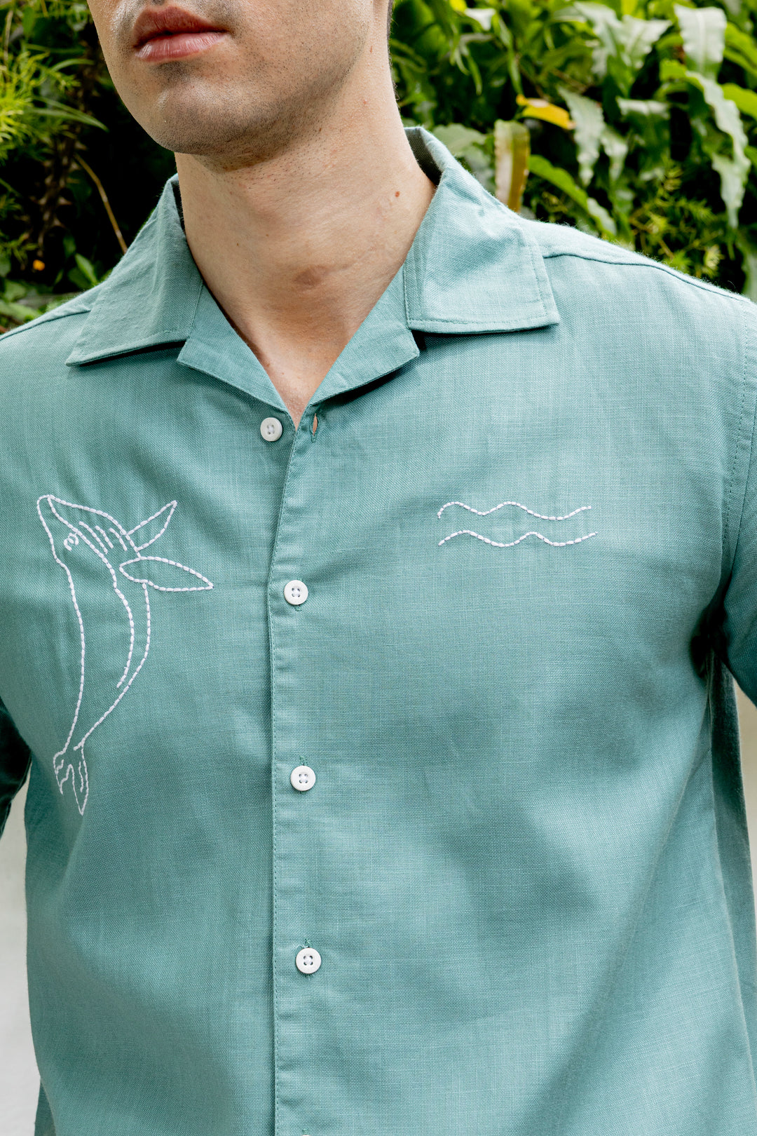 Whale Embroidery : Sea Green Oversized Shirt