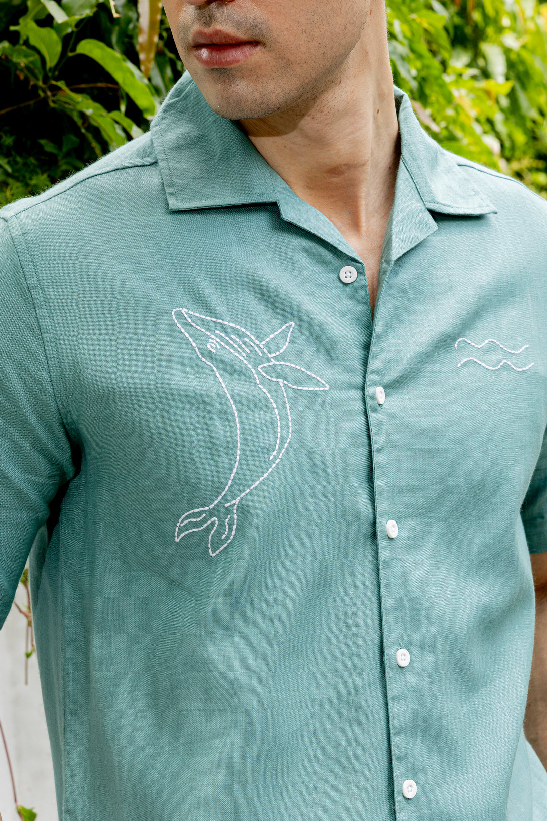 Whale Embroidery : Sea Green Oversized Shirt
