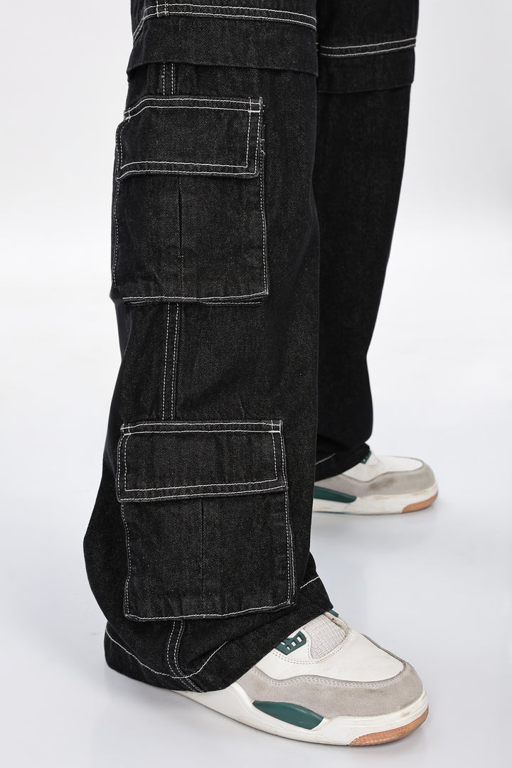 Denims: Brisky Baggy Black Cargo Pants