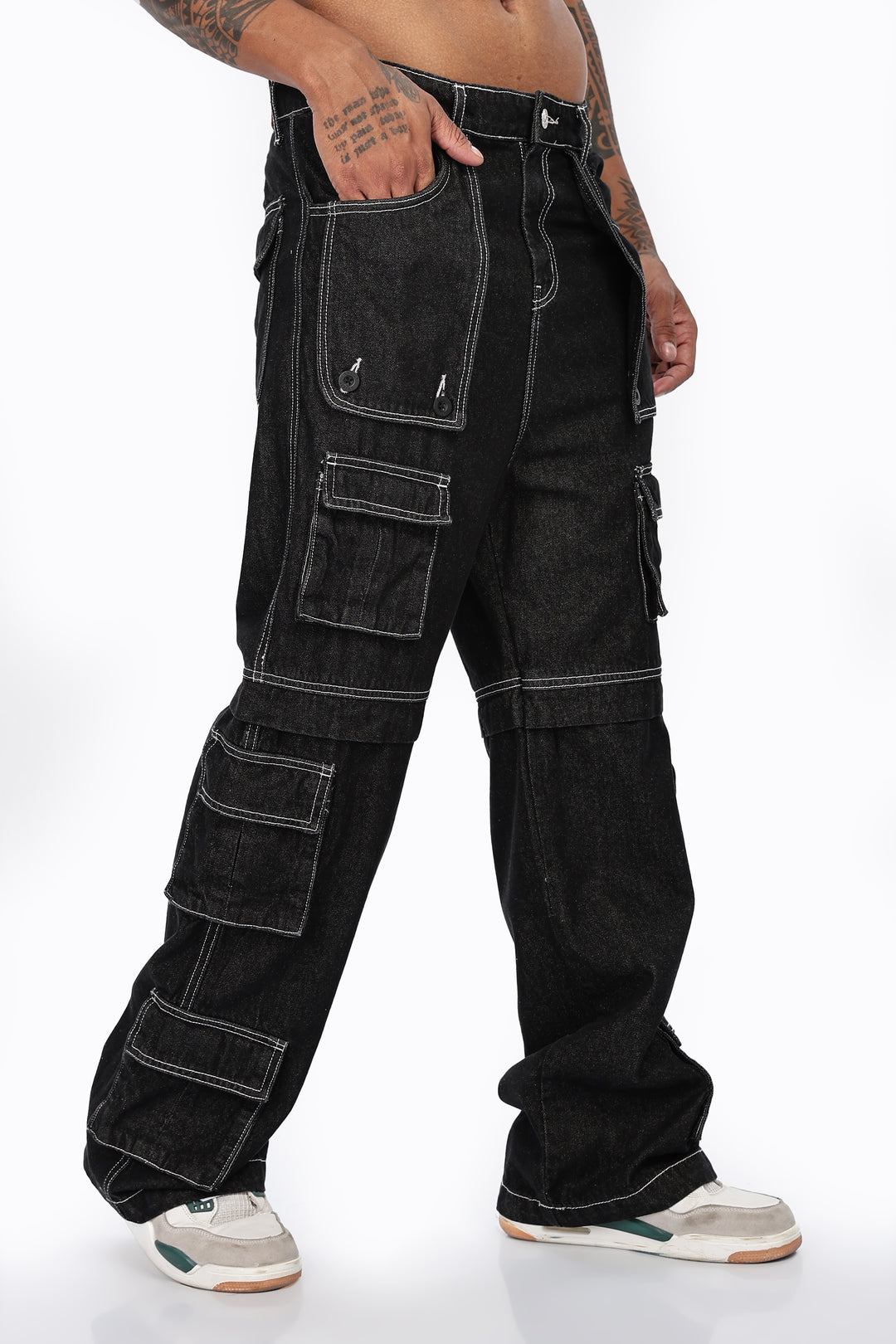 Denims: Brisky Baggy Black Cargo Pants