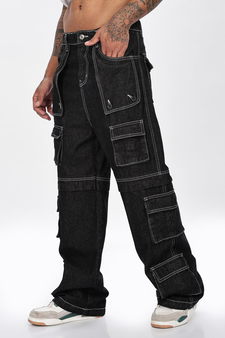 Denims: Brisky Baggy Black Cargo Pants