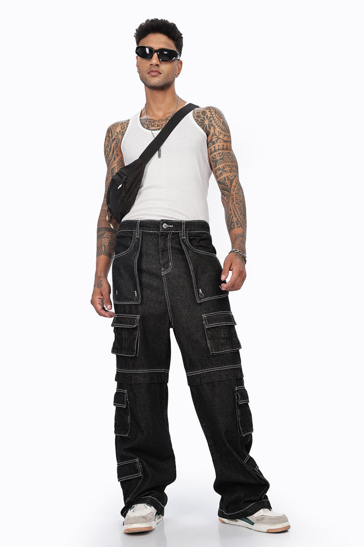 Denims: Brisky Baggy Black Cargo Pants