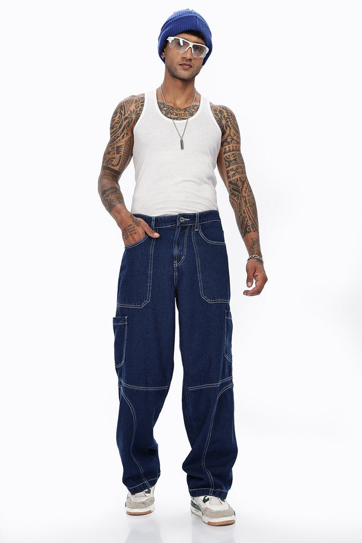 Denims: Blue Baggy Cargo Pant