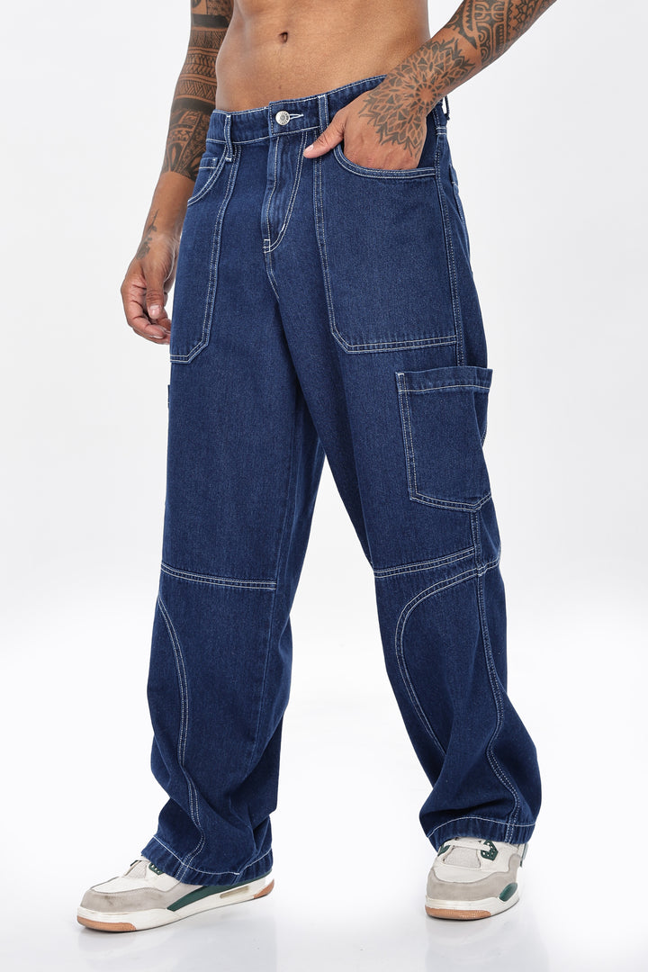 Denims: Blue Baggy Cargo Pant