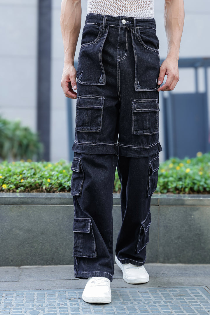 Denims: Brisky Baggy Black Cargo Pants