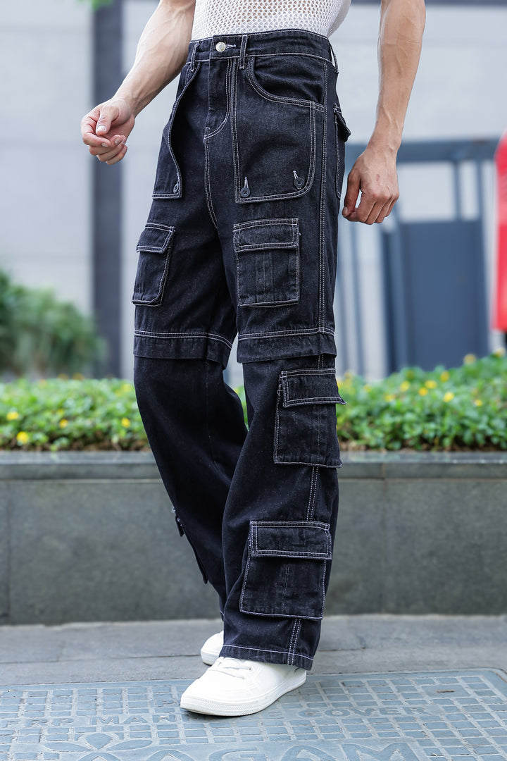 Denims: Brisky Baggy Black Cargo Pants