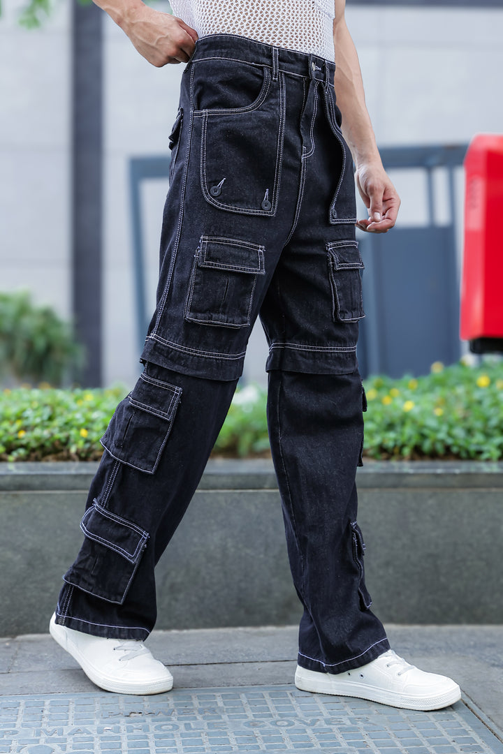 Denims: Brisky Baggy Black Cargo Pants