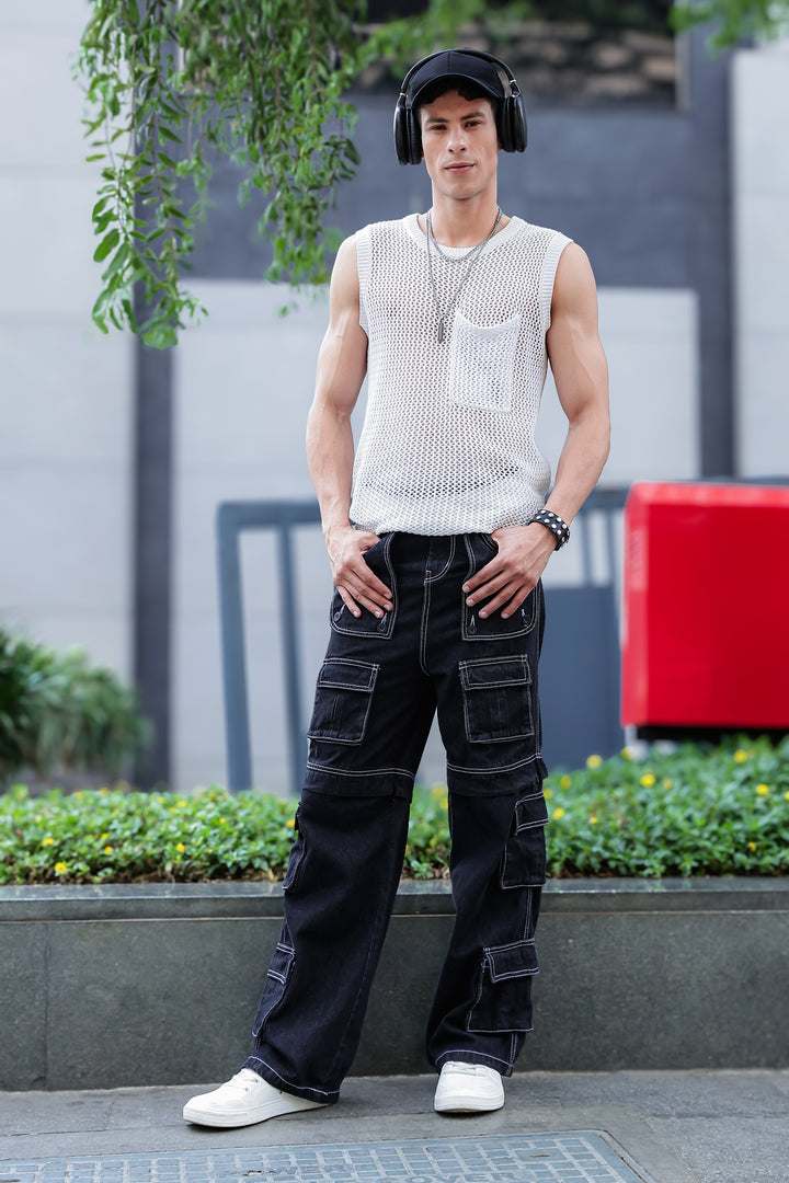 Denims: Brisky Baggy Black Cargo Pants