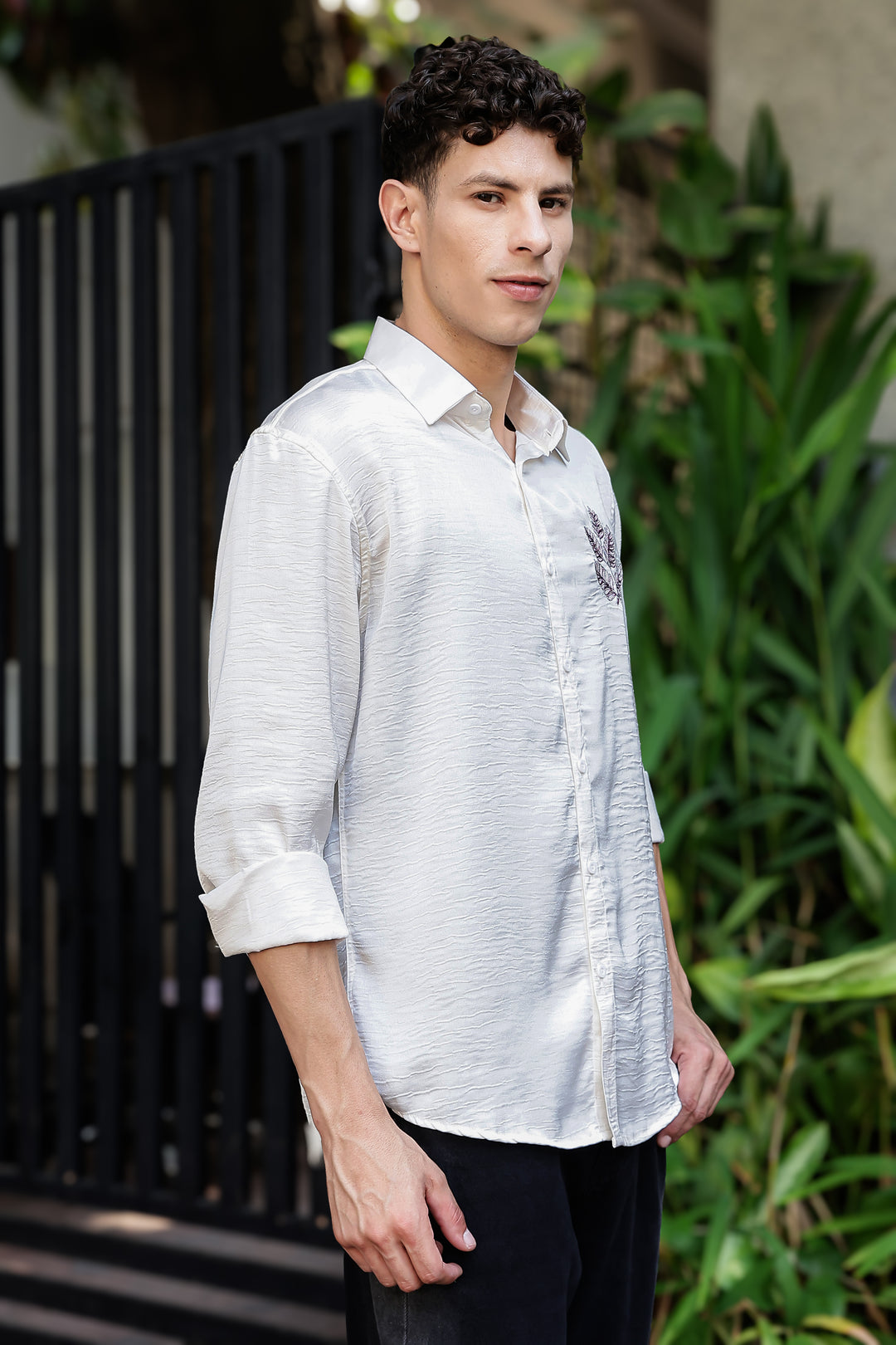 Nature Embroidery Textured Fabric Shirt