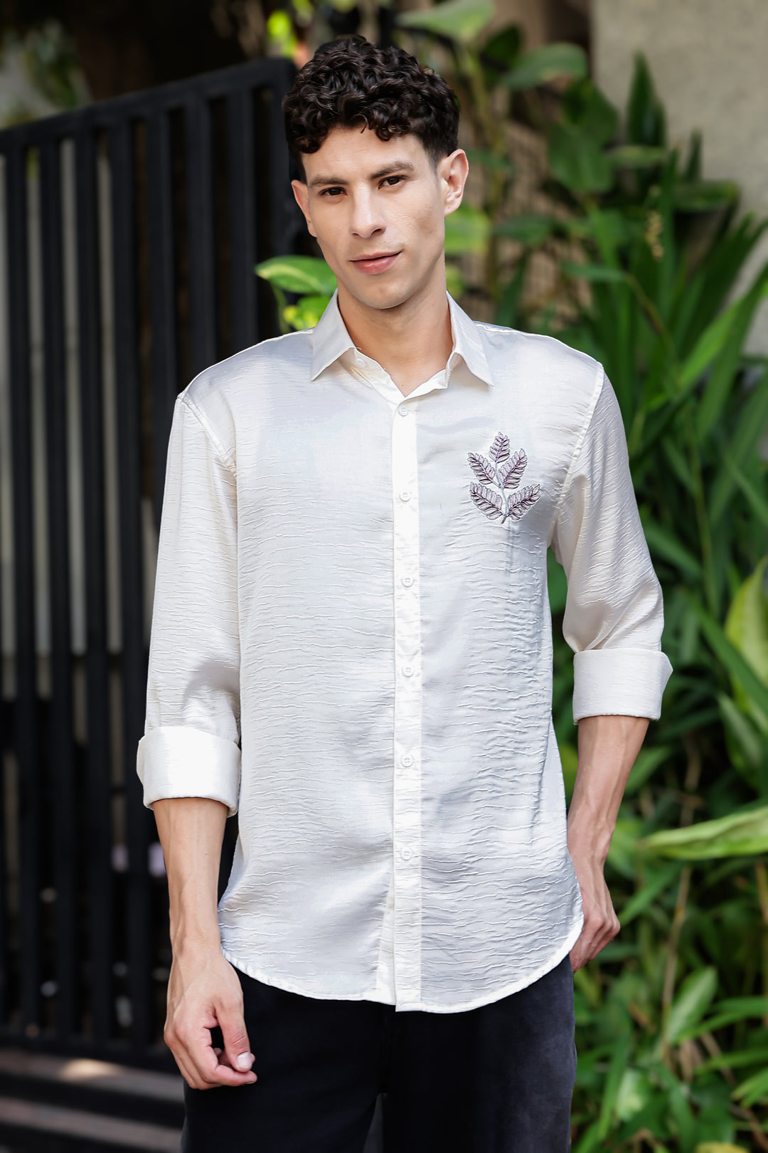 Nature Embroidery Textured Fabric Shirt