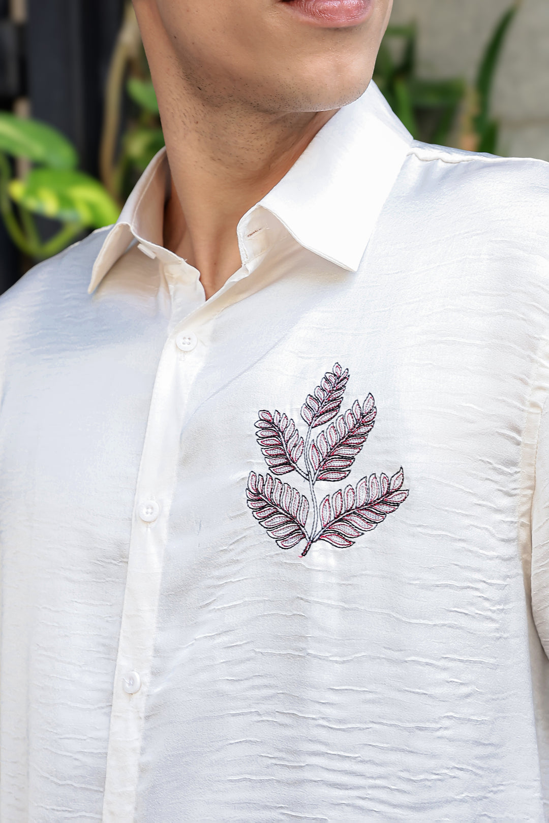 Nature Embroidery Textured Fabric Shirt